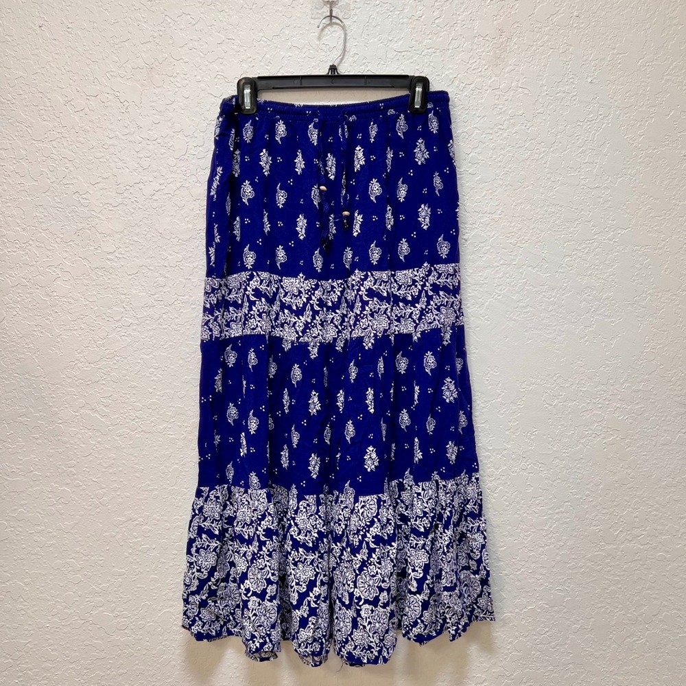 Ava Christine Blue White Floral‎ Tiered Maxi Skirt Boho Rayon Size Large